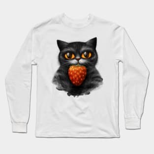 Fluffy cat with red strawberry Long Sleeve T-Shirt